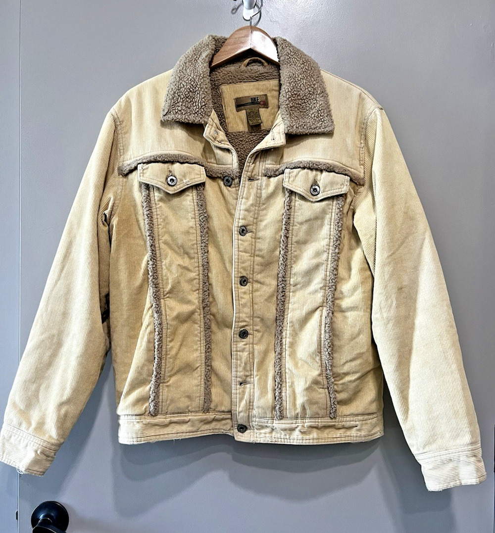 Vtg Y2K BKE Corduroy Trucker Distressed Jacket Faux Fur Sherpa Lined Men's M